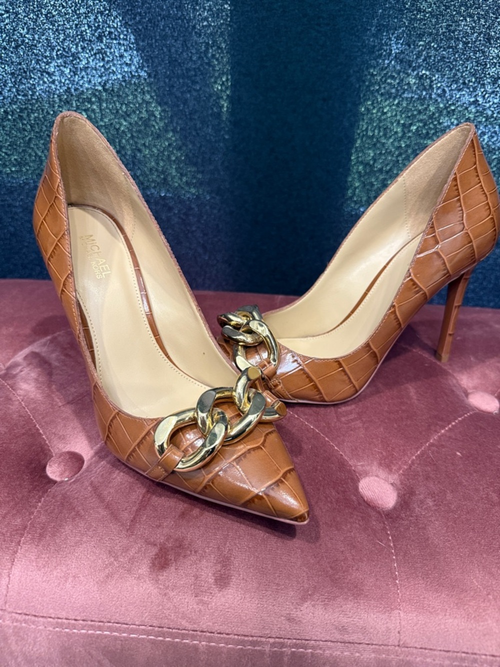 Michael Kors Tan Croc-Embossed Pointed-Toe Pumps with Gold Chain